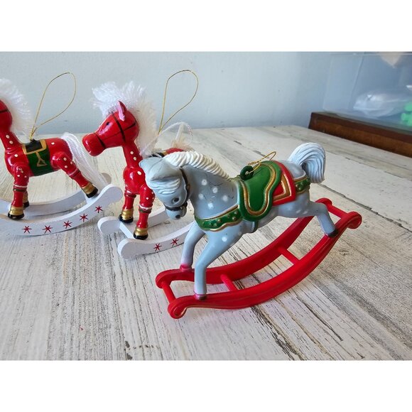 Wooden rocking horses vintage ornament set Xmas tree - Picture 2 of 8